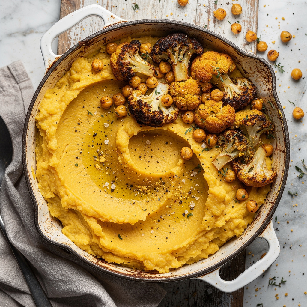 Mashed Rutabaga with Italian Roasted Cauliflower and Chickpeas