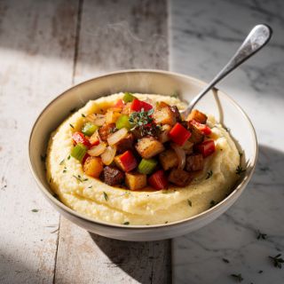 Spicy Cajun Hash on Grits